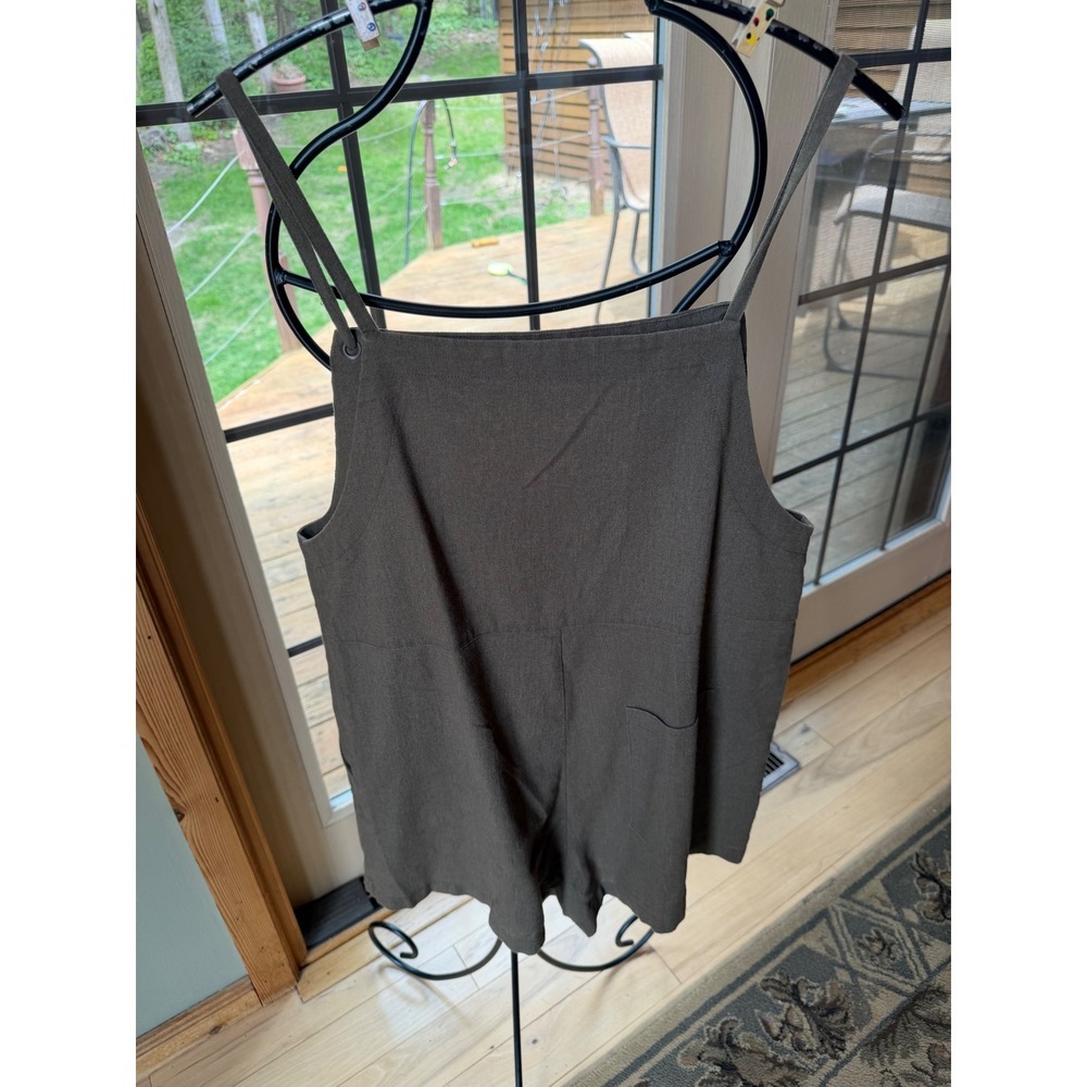 Natural Life Black Linen Blend Overall Romper Sleeveless Bib Pocket Womens L - Picture 2 of 9